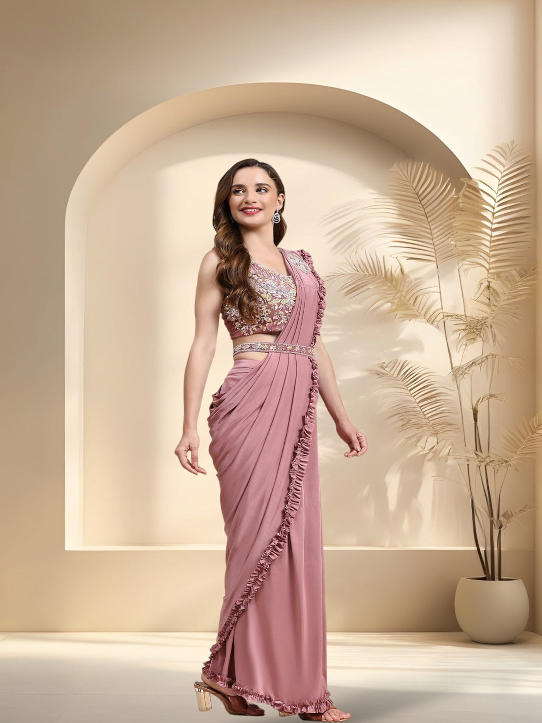 Mauve Party Wear Patchwork & Ruffled Ready To Wear Lycra Saree - Image 3