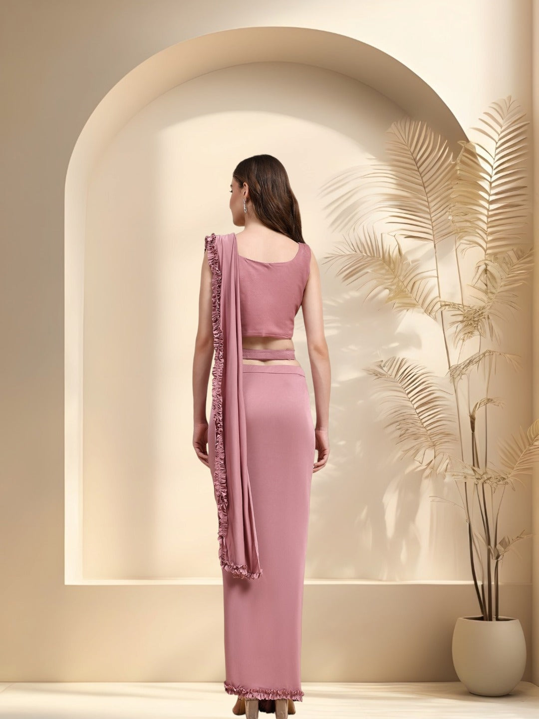 Mauve Party Wear Patchwork & Ruffled Ready To Wear Lycra Saree - Image 4