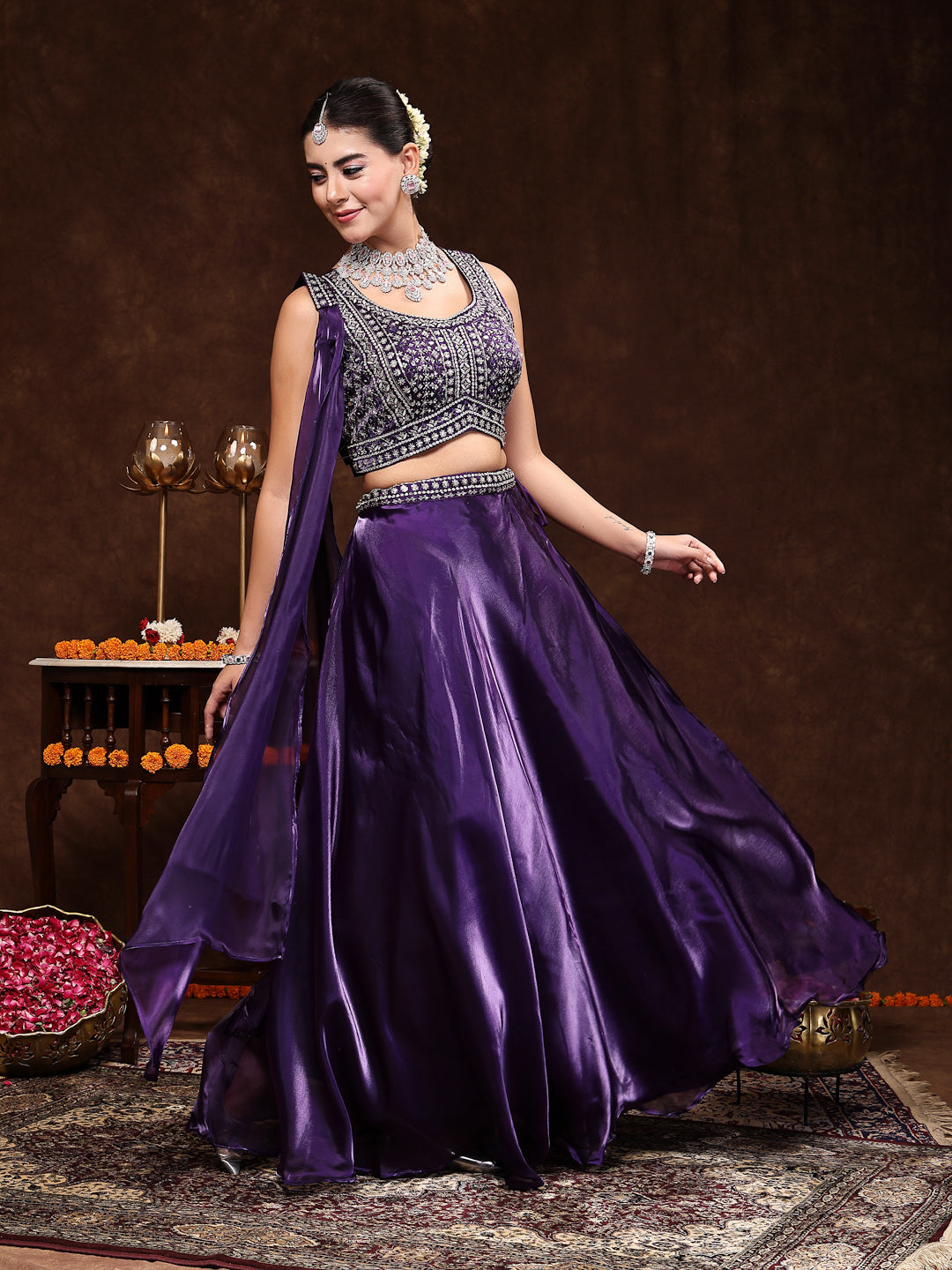 Wine Jimmy Choo Lehenga & Blouse With Dupatta - Image 3