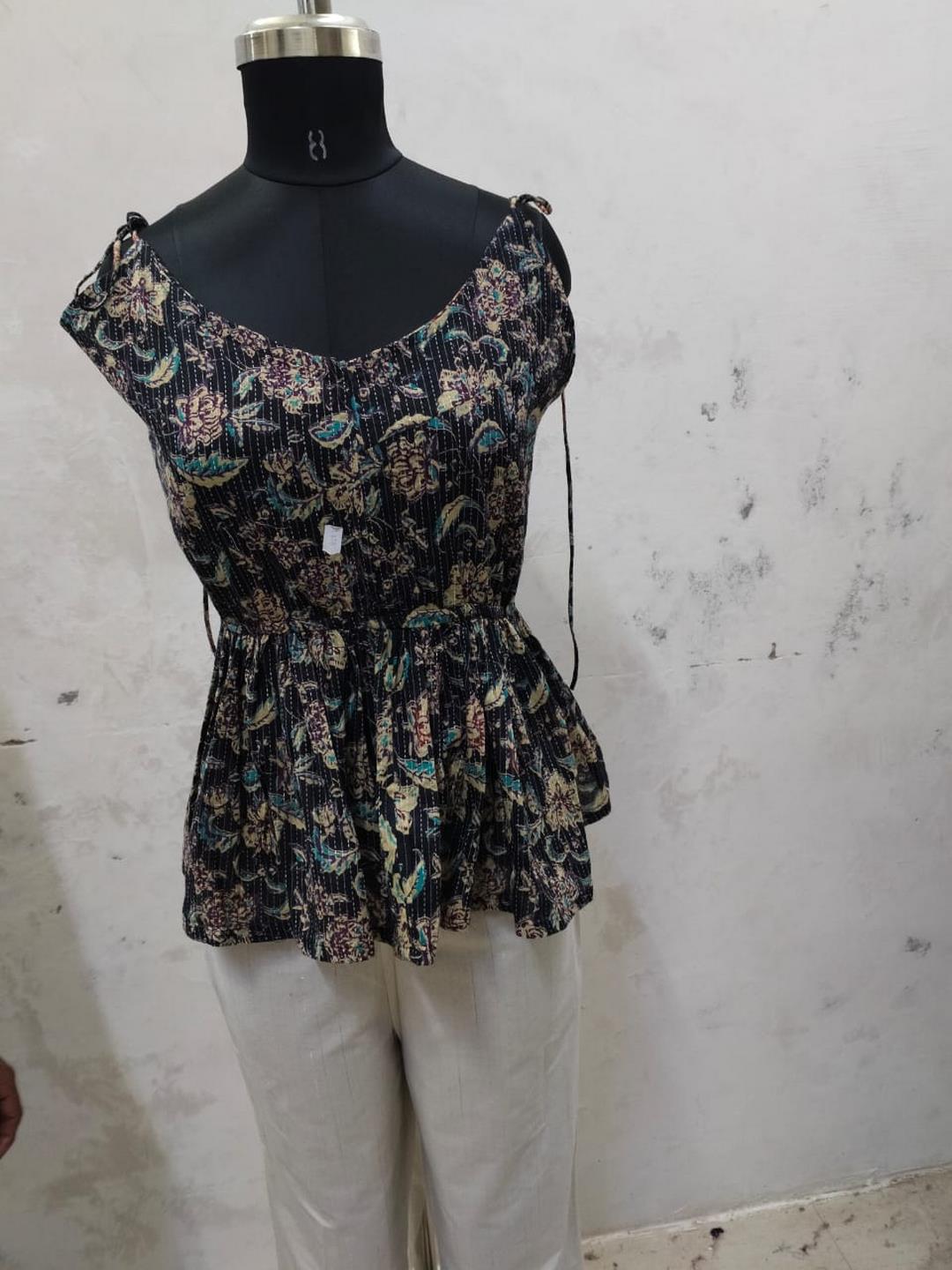 Black Printed Cotton Short Peplum Top