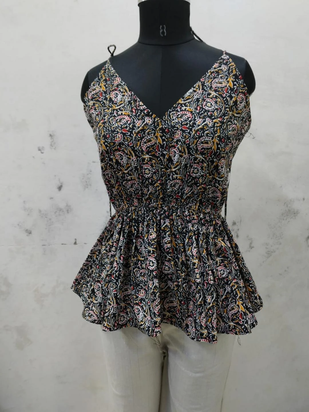 Black Floral Printed Cotton Short Peplum Top