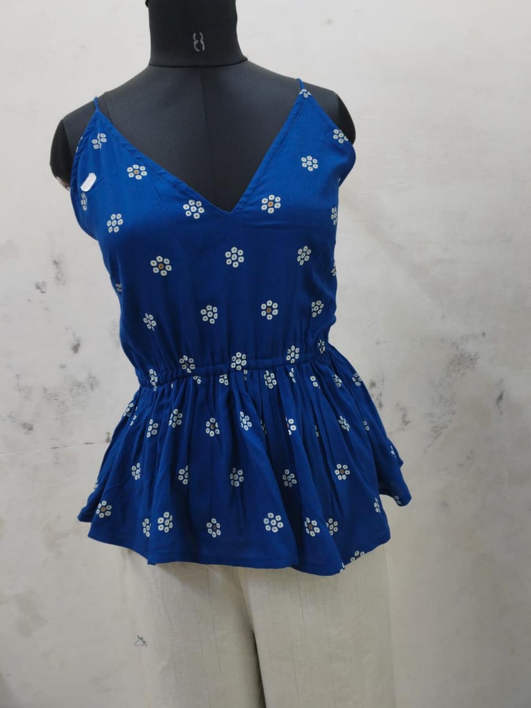 Blue Floral Printed Rayon Short Peplum Top