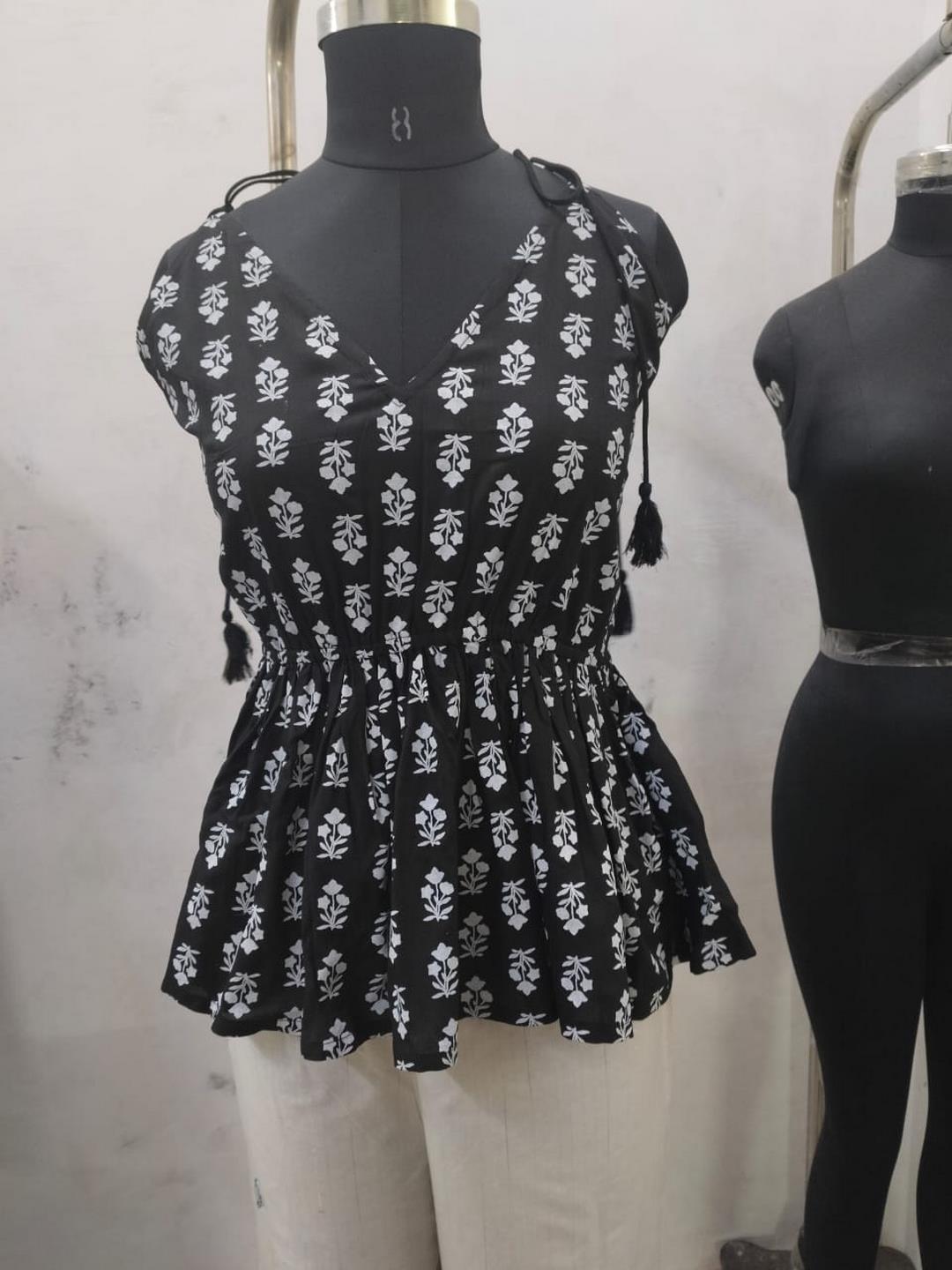 Black Floral Printed Rayon Short Peplum Top