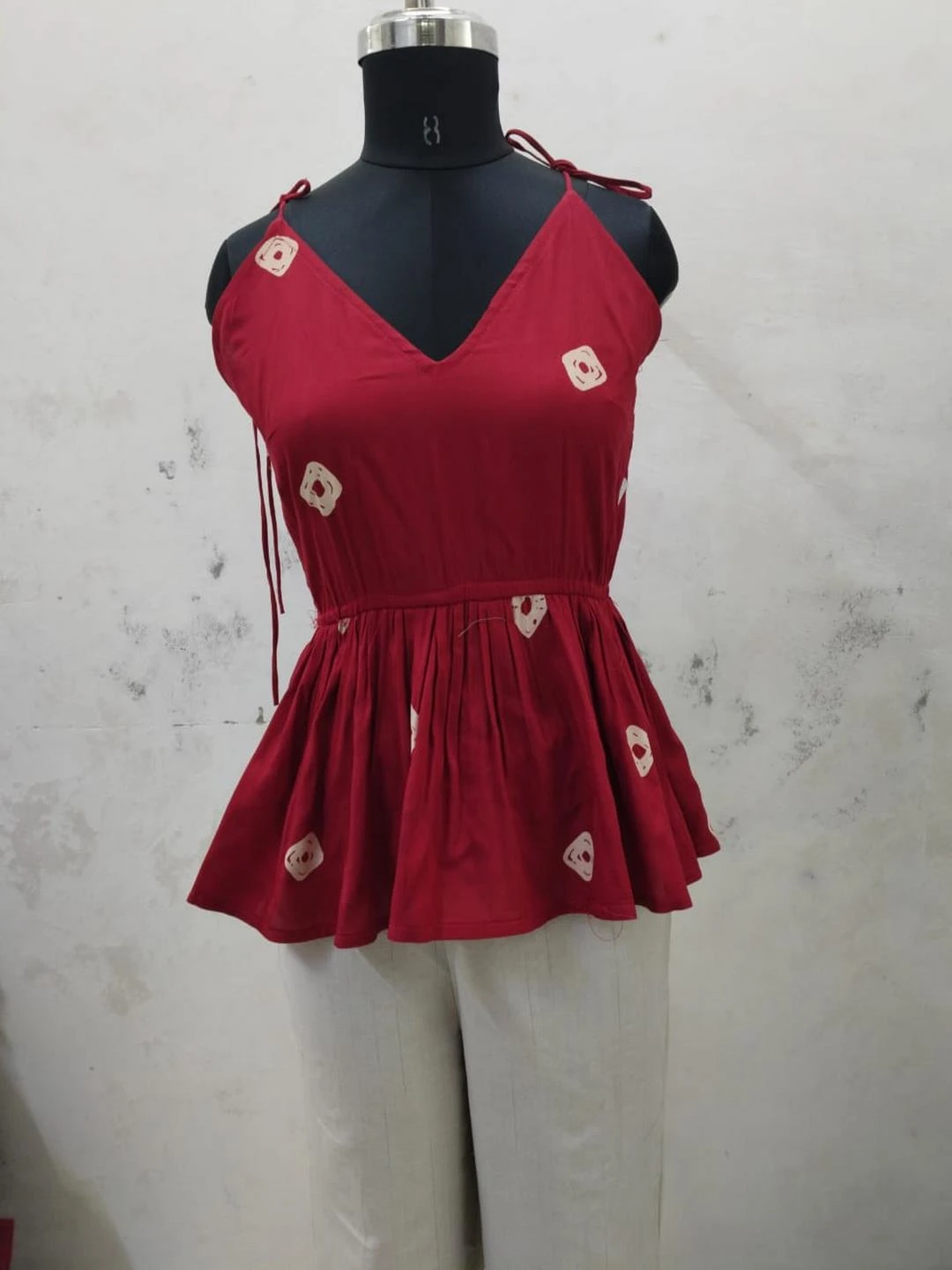 Maroon Bandhej Printed Rayon Short Peplum Top