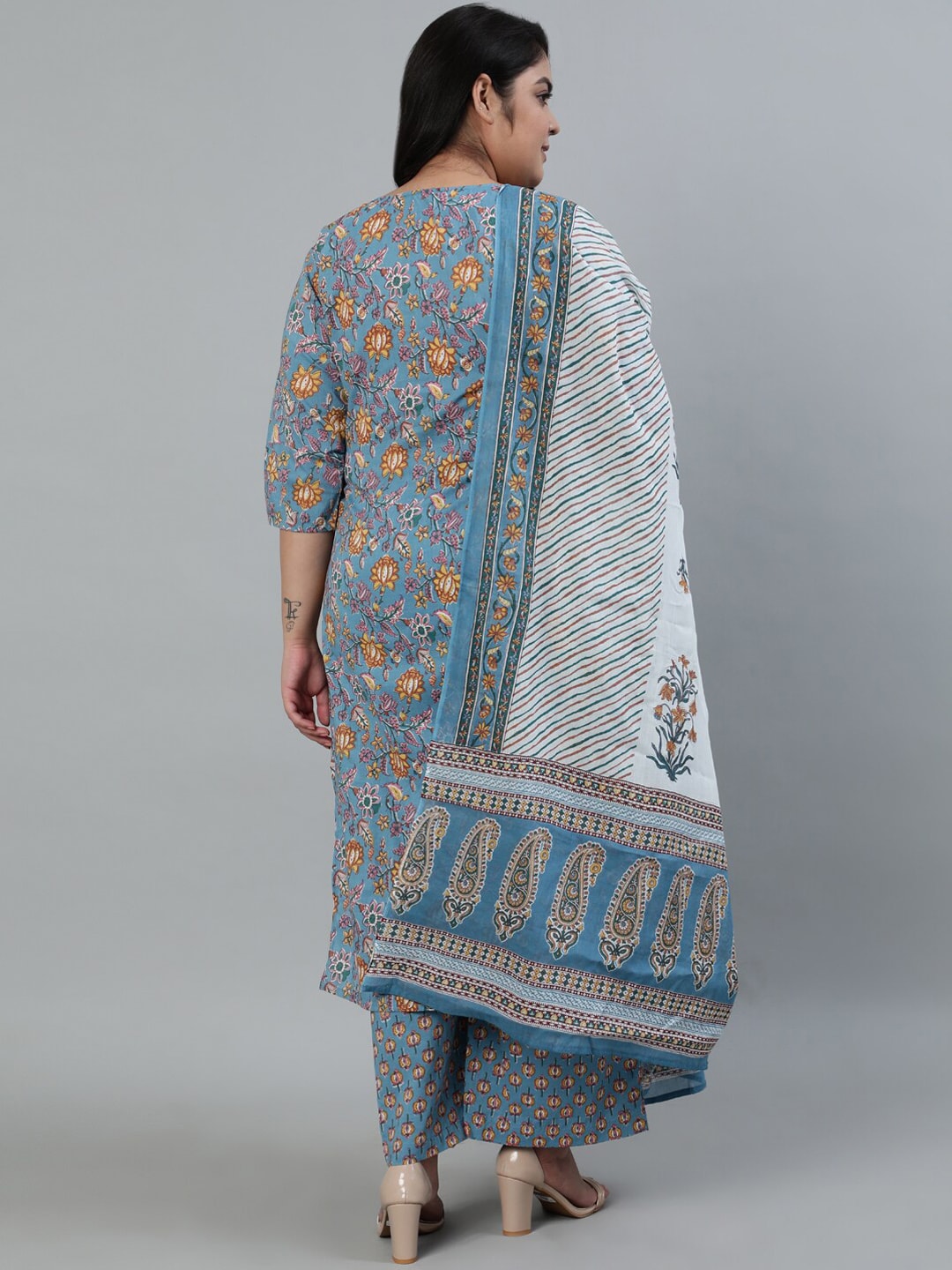 Women Blue & Yellow Floral Printed Straight kurta with Plazo & Dupatta - Image 4