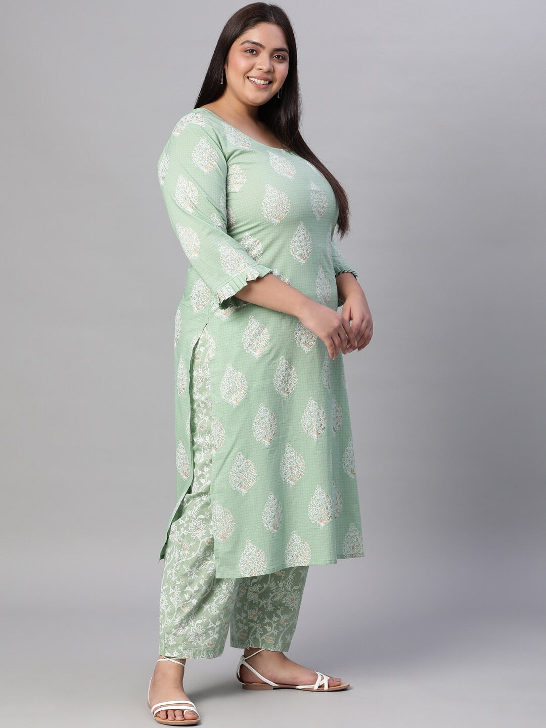 Women Green Printed Straight Kurta with Plazo & Dupatta - Image 4