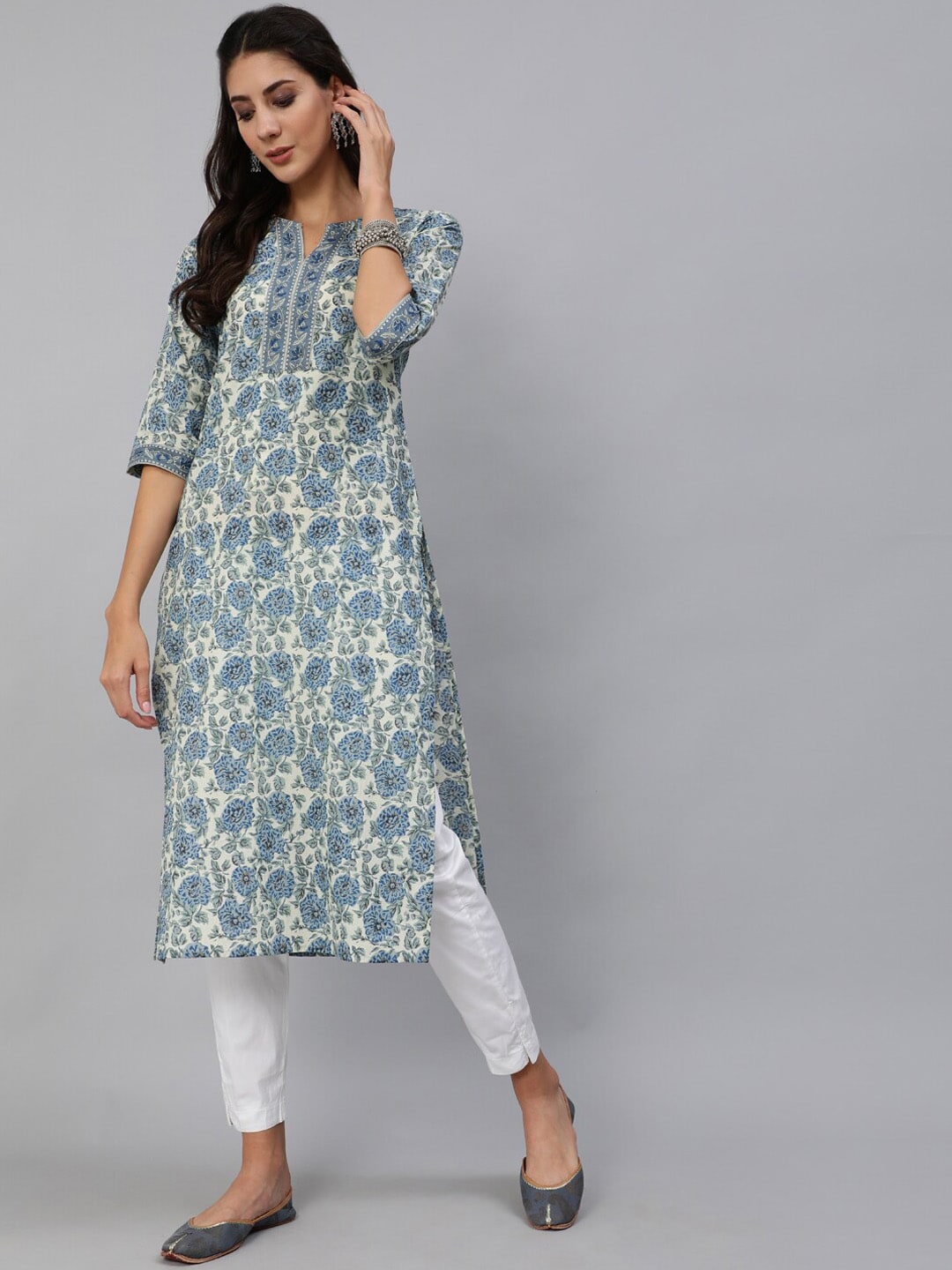 Women Blue & Cream Floral Printed Straight Kurta With Three Quarter Sleeves - Image 6