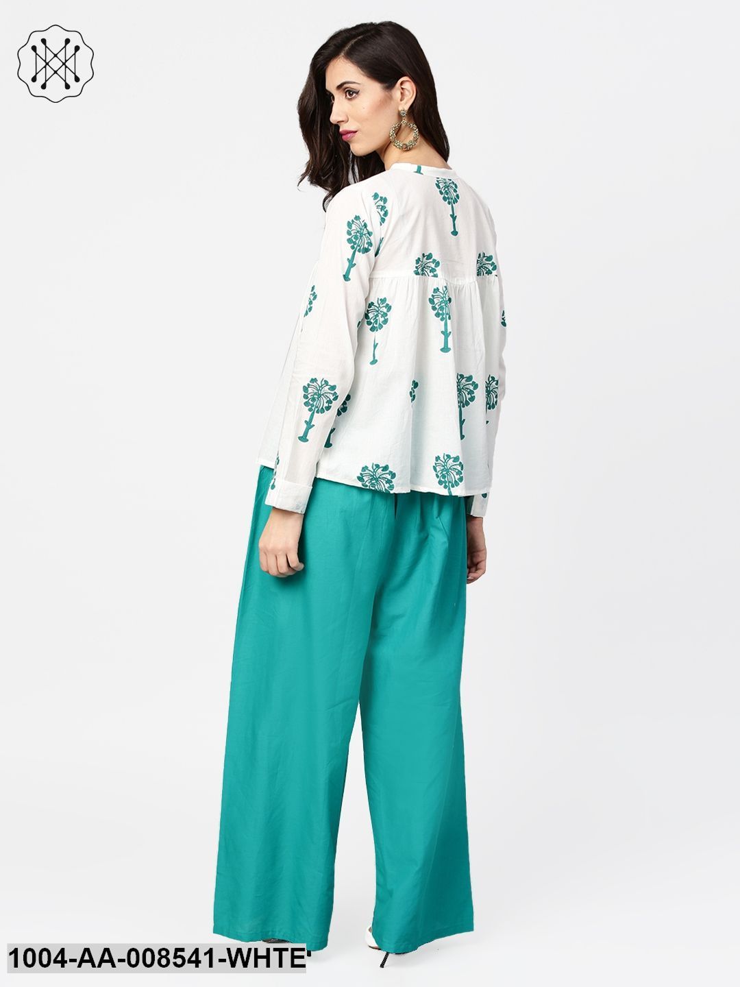 White Printed 3/4Th Sleeve Cotton Tops With Green Palazzo Set - Image 2