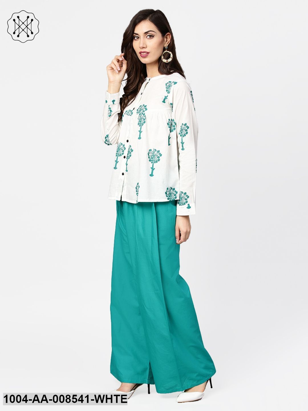 White Printed 3/4Th Sleeve Cotton Tops With Green Palazzo Set - Image 3