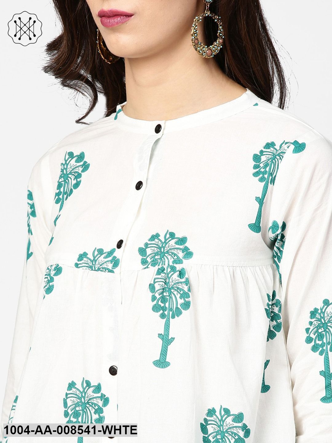 White Printed 3/4Th Sleeve Cotton Tops With Green Palazzo Set - Image 4