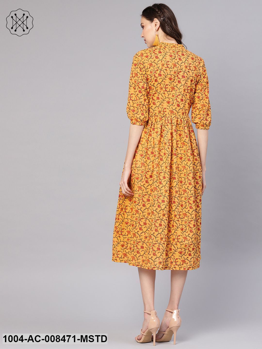 Mustard Flower Printed 3/4Th Sleeve Cotton Dress With Dori Work At Yoke - Image 3