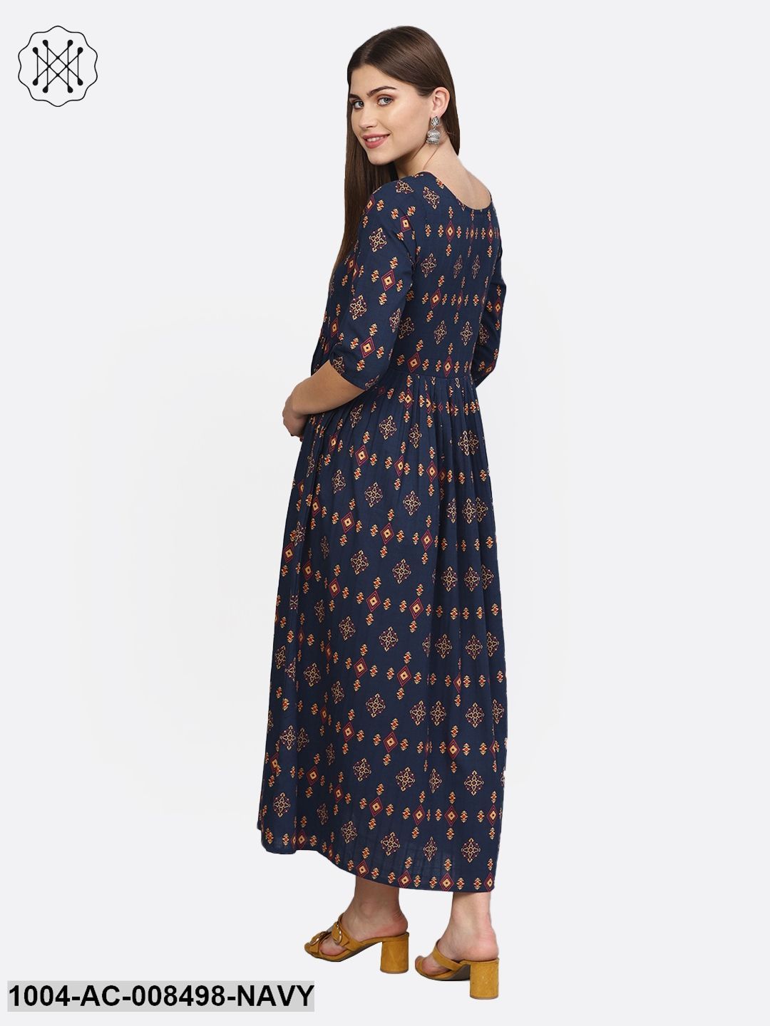 Navy Blue Gold Printed 3/4Th Slevee Cotton Maxi Dress - Image 3