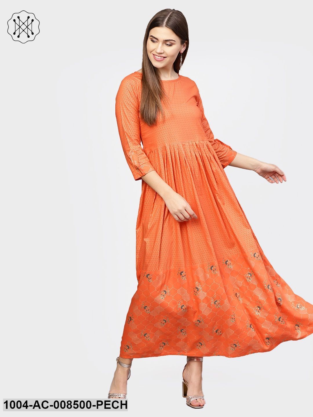 Peach Printed 3/4Th Sleeve Rayon Maxi Dress With Border Design