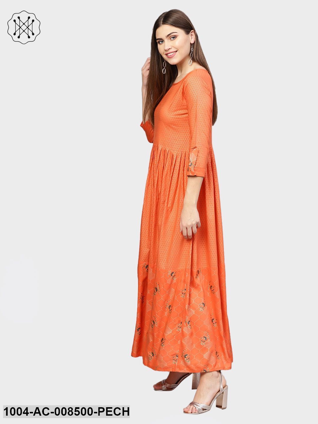 Peach Printed 3/4Th Sleeve Rayon Maxi Dress With Border Design - Image 3