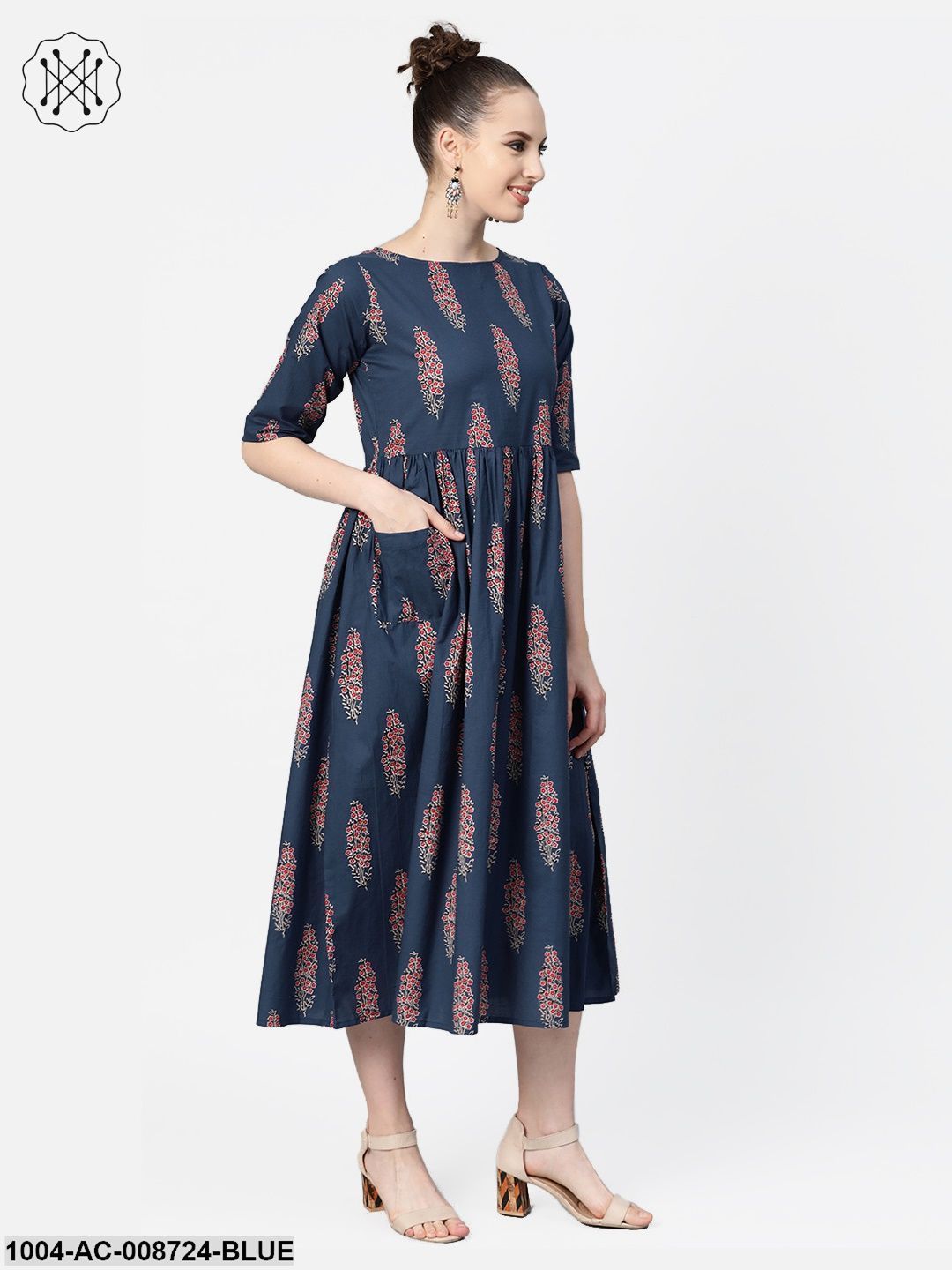 Cobalt Blue & red printed floral maxi dress Round neck & half sleeves - Image 2