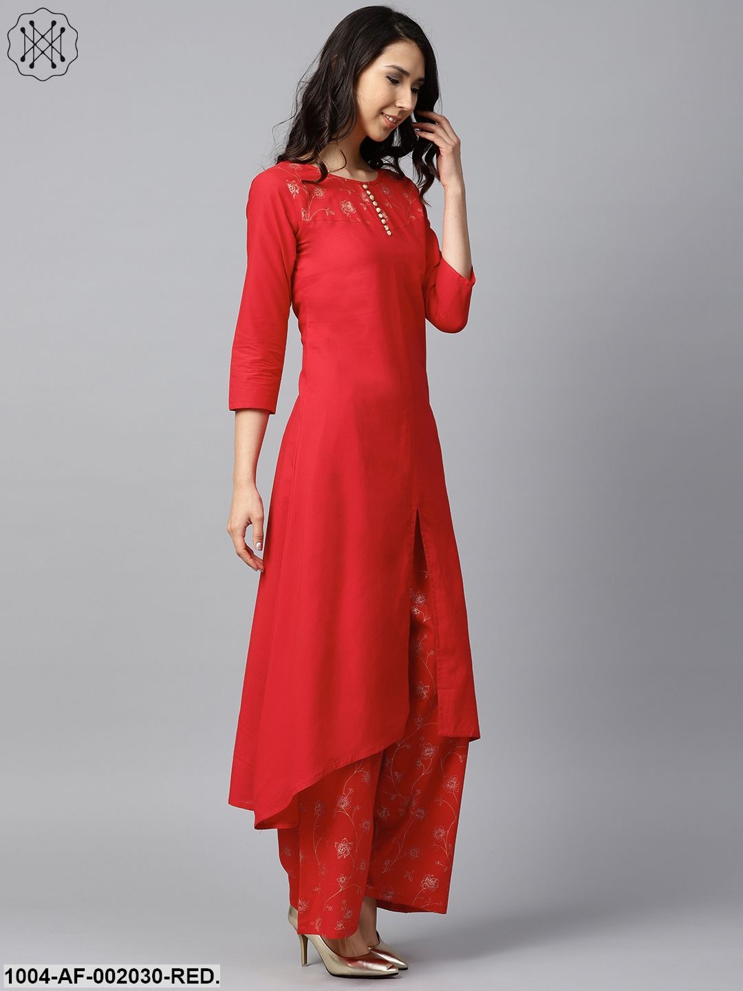 Red Yoke Printed 3/4Th Sleeve Cotton Kurta With Printed Ankle Length Palazzo - Image 2