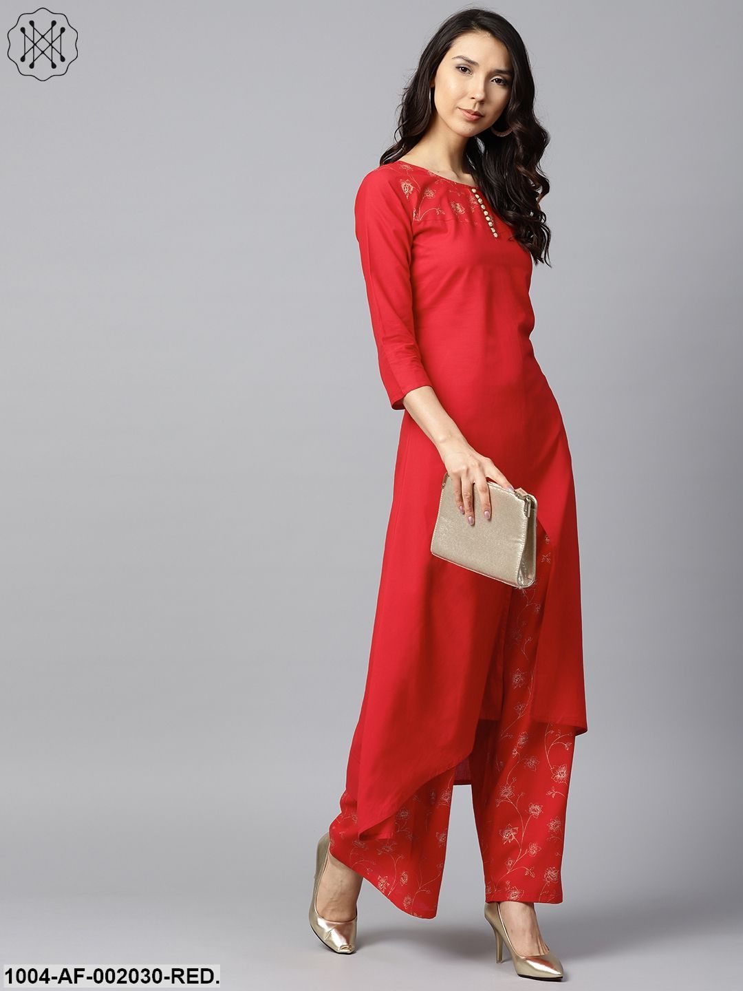Red Yoke Printed 3/4Th Sleeve Cotton Kurta With Printed Ankle Length Palazzo