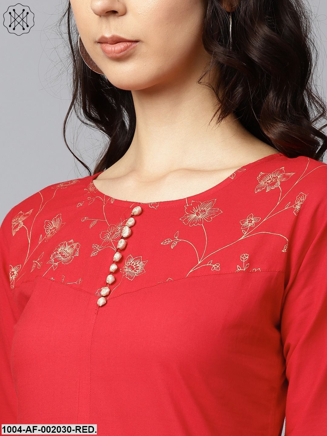 Red Yoke Printed 3/4Th Sleeve Cotton Kurta With Printed Ankle Length Palazzo - Image 3