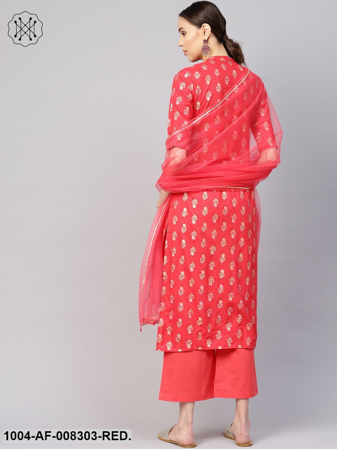 Coral Gold Printed Collared Elbow Sleeve Straight Kurta With Palazzo And Dupatta. - Image 3