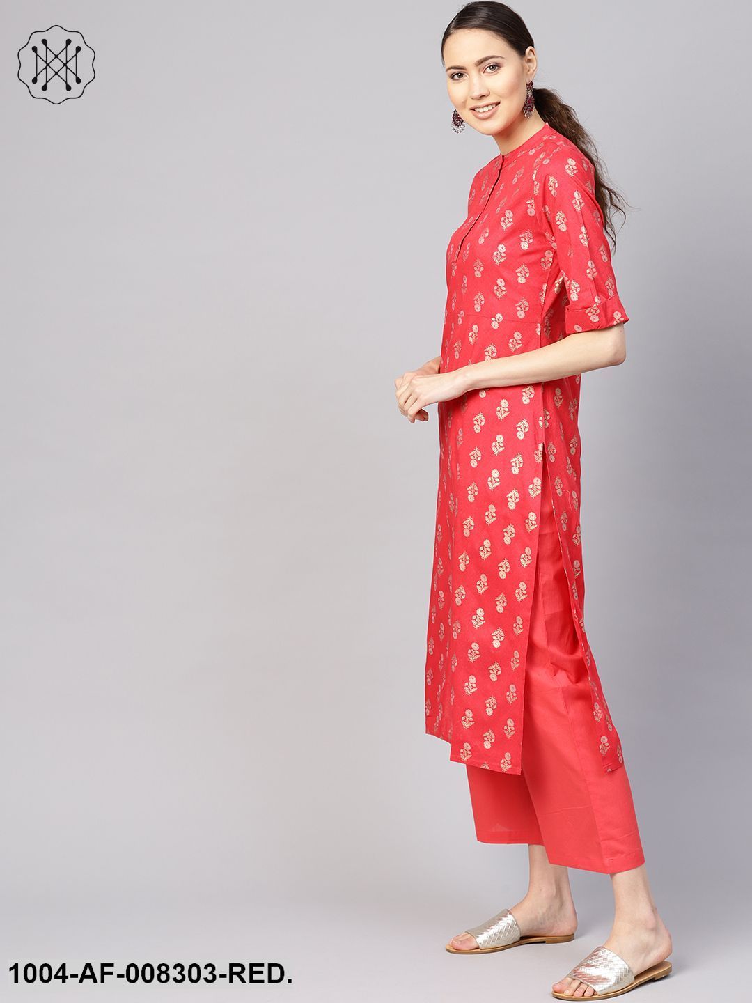 Coral Gold Printed Collared Elbow Sleeve Straight Kurta With Palazzo And Dupatta. - Image 4
