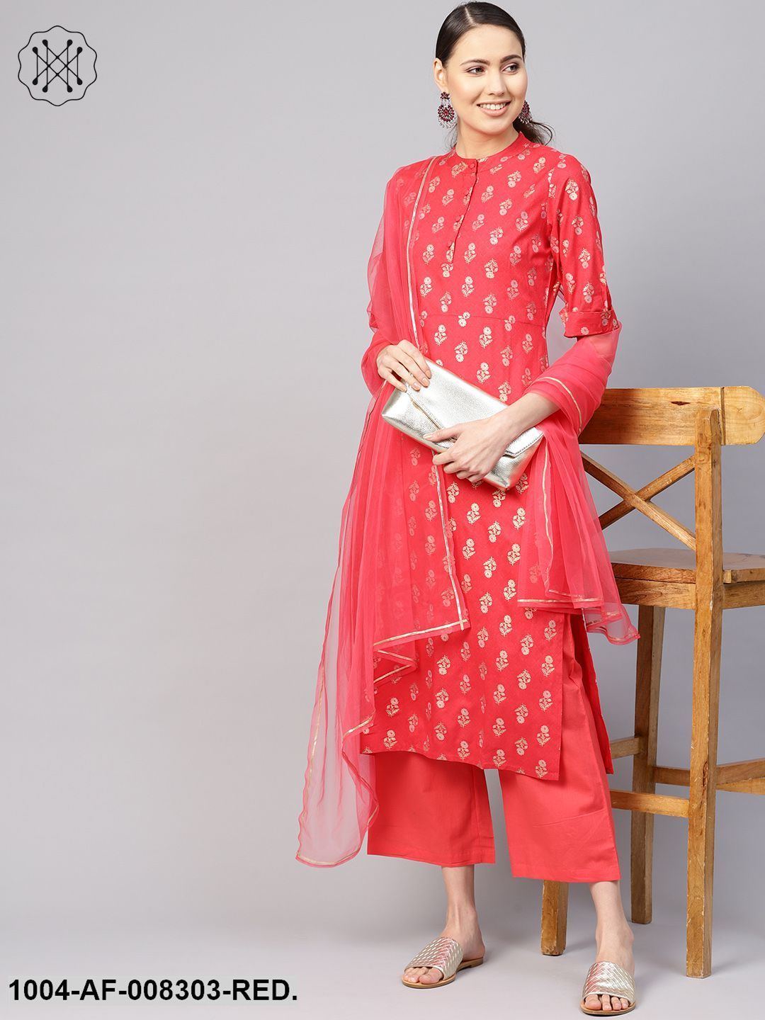 Coral Gold Printed Collared Elbow Sleeve Straight Kurta With Palazzo And Dupatta. - Image 2