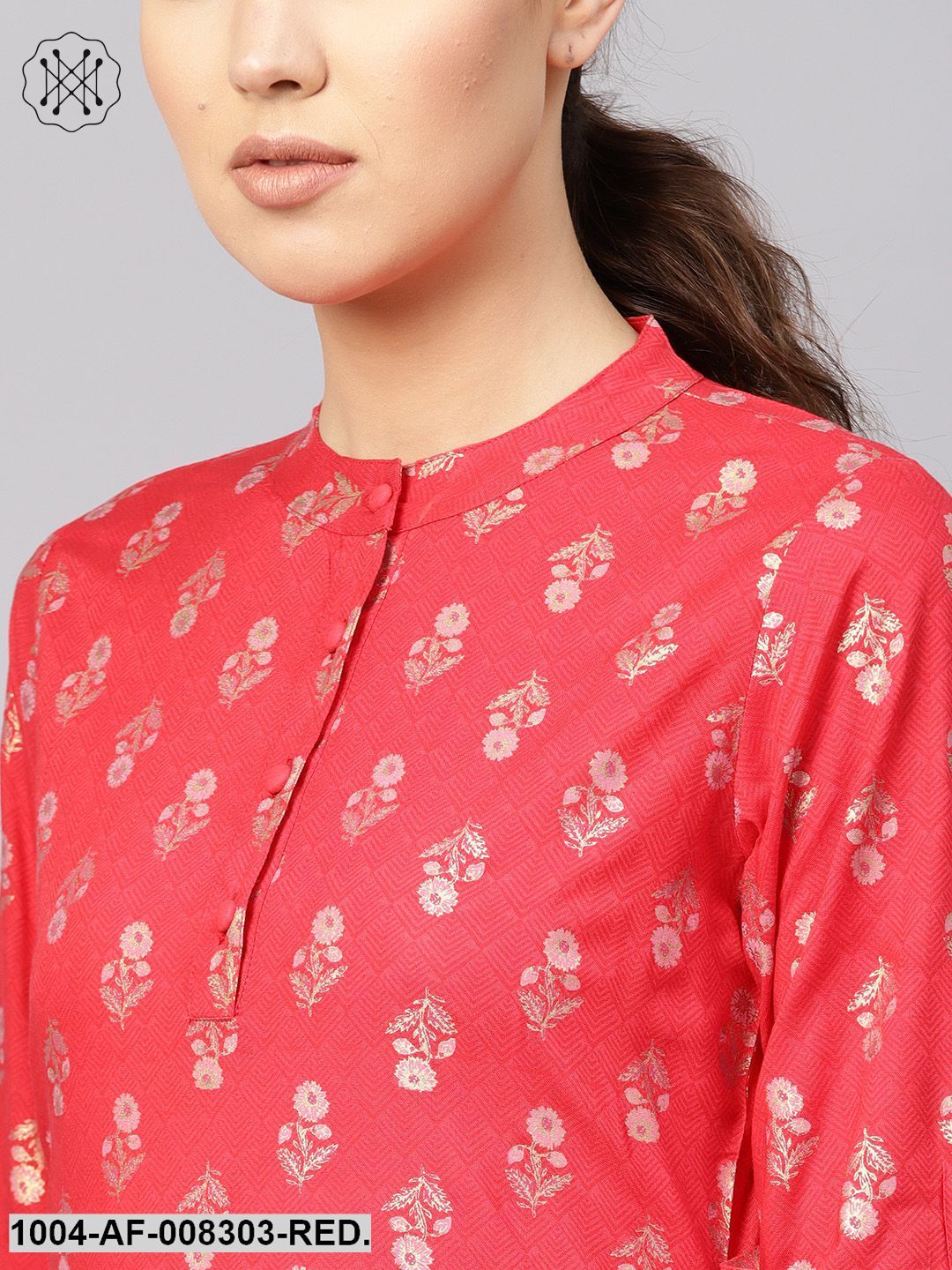 Coral Gold Printed Collared Elbow Sleeve Straight Kurta With Palazzo And Dupatta. - Image 5