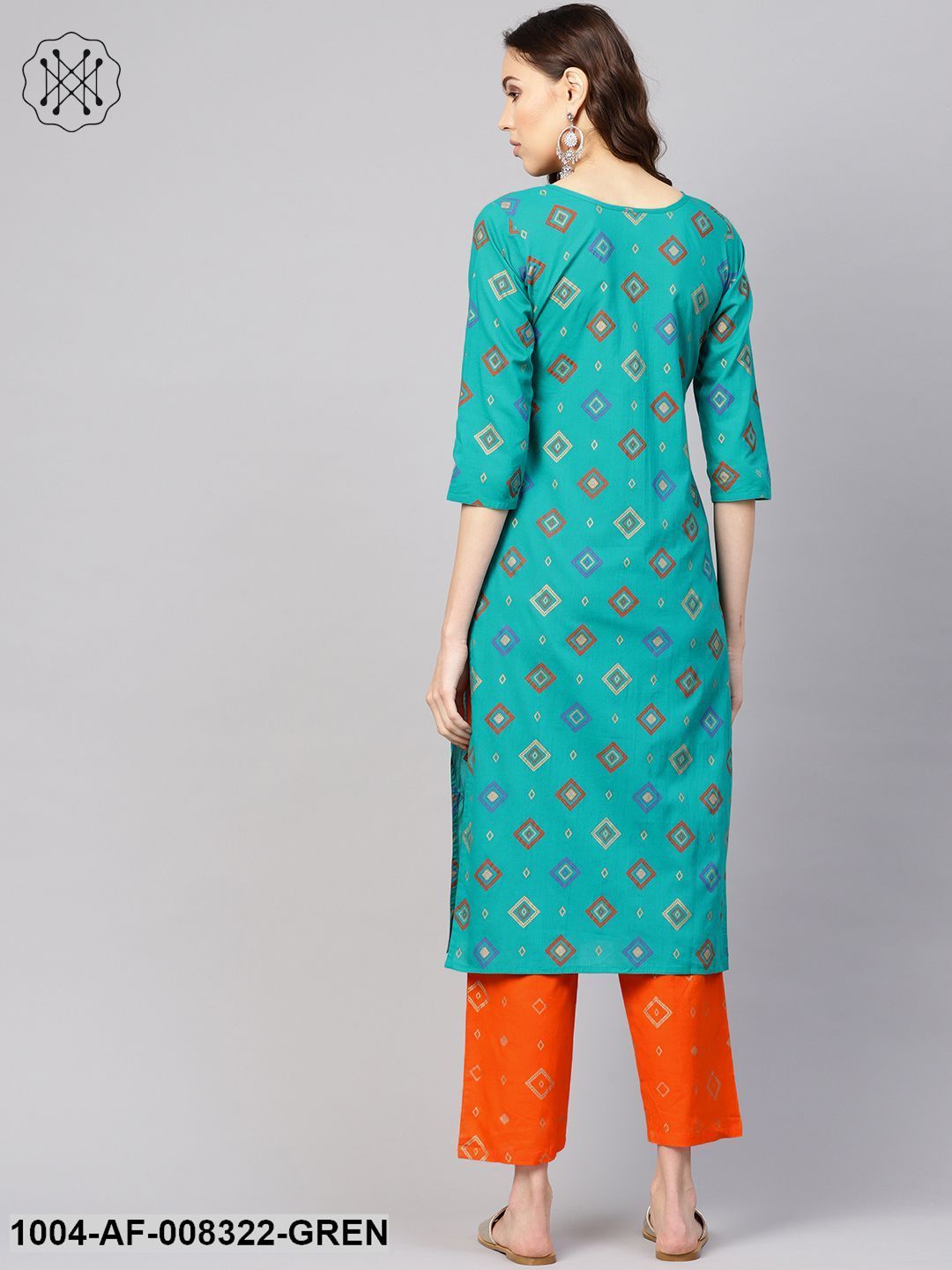 Rama Green And Orange Geometric Printed Round Neck 3/4Th Sleeves Straight Kurta With Pants. - Image 3