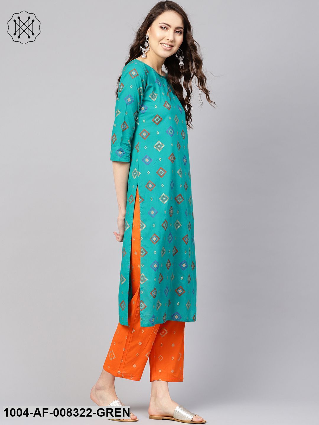 Rama Green And Orange Geometric Printed Round Neck 3/4Th Sleeves Straight Kurta With Pants. - Image 2