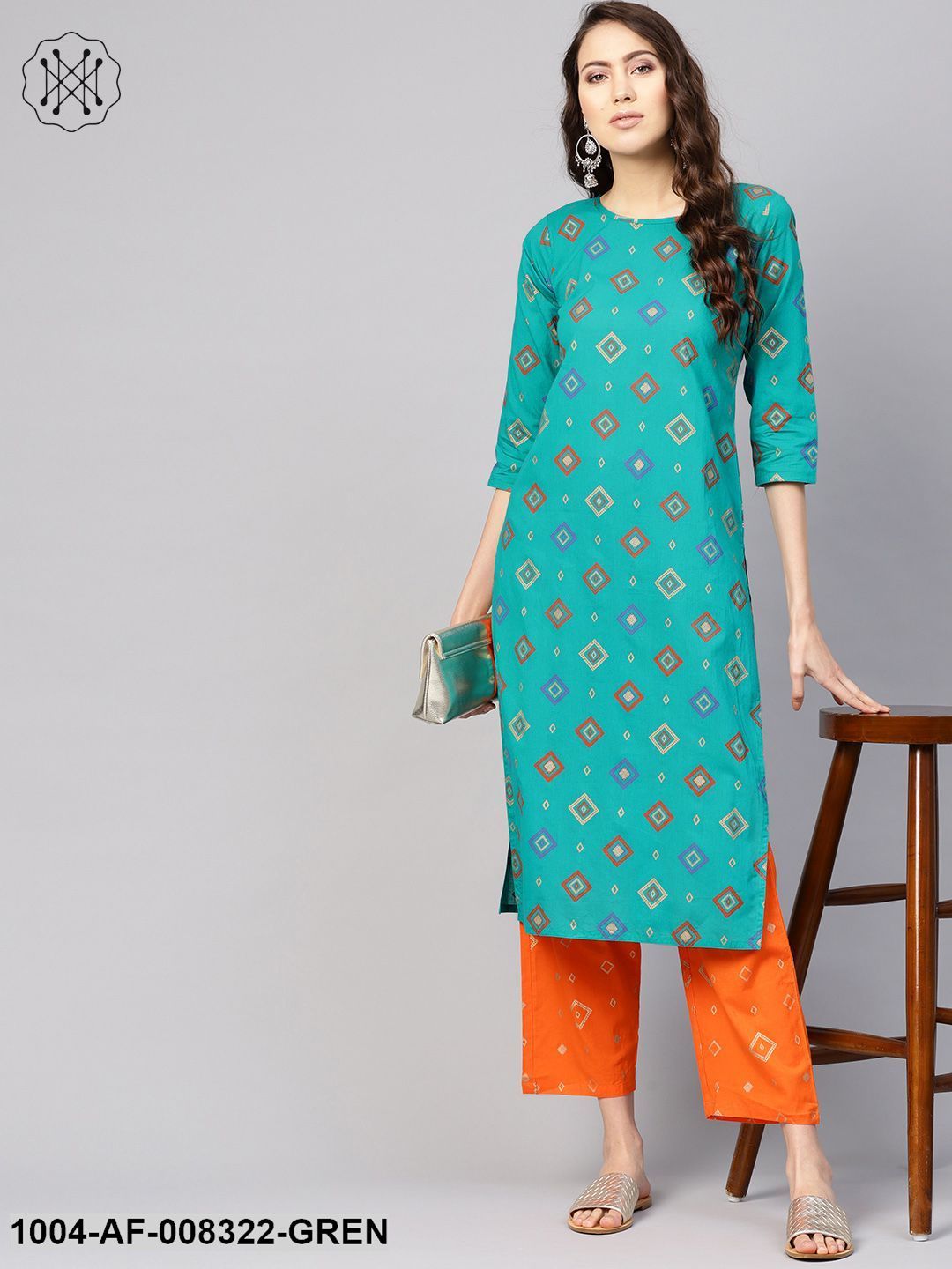 Rama Green And Orange Geometric Printed Round Neck 3/4Th Sleeves Straight Kurta With Pants. - Image 4