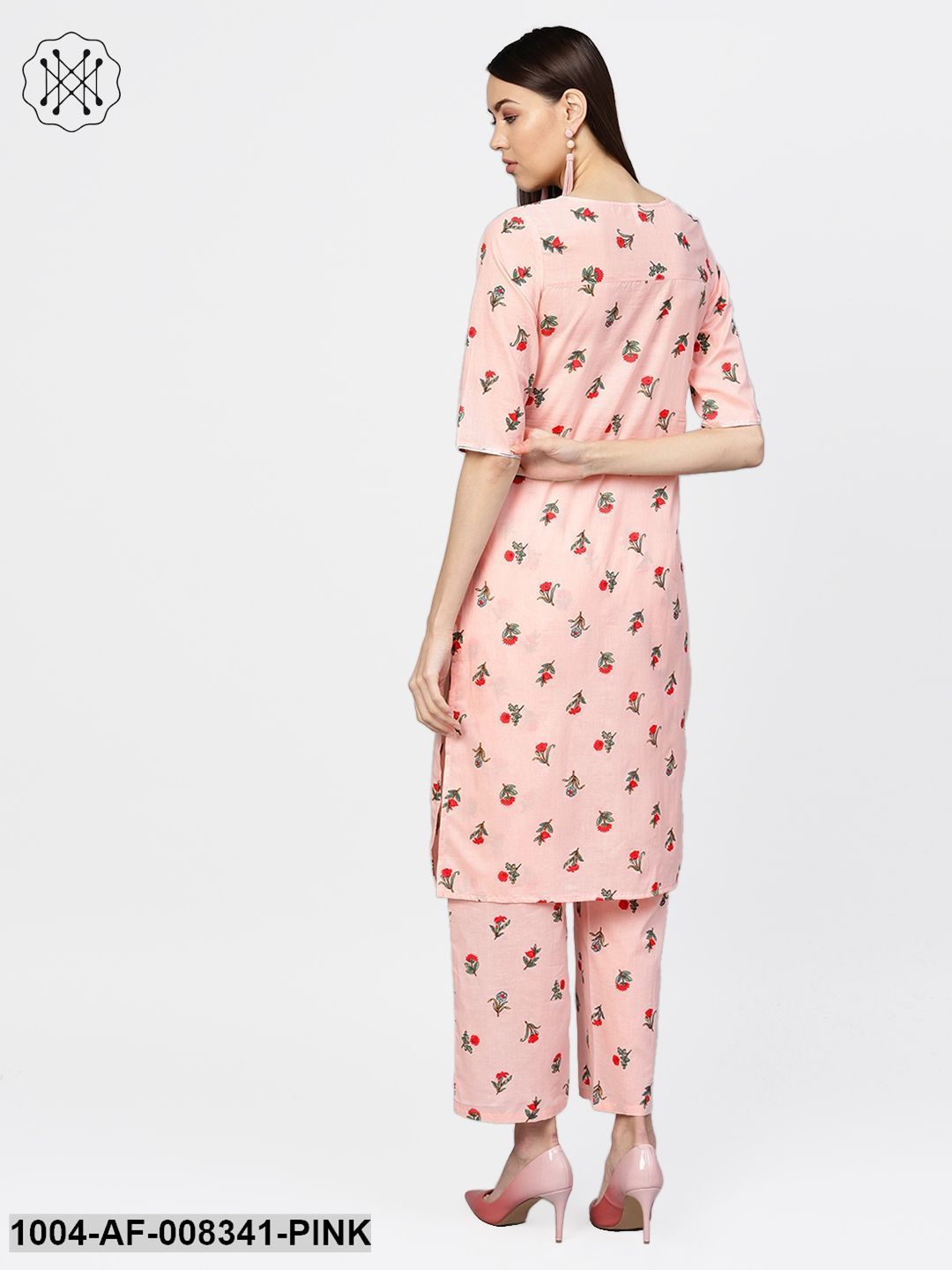 Pastel Pink Multi Floral Printed 3/4Th Sleeve Cotton Kurta With Palazzo - Image 2