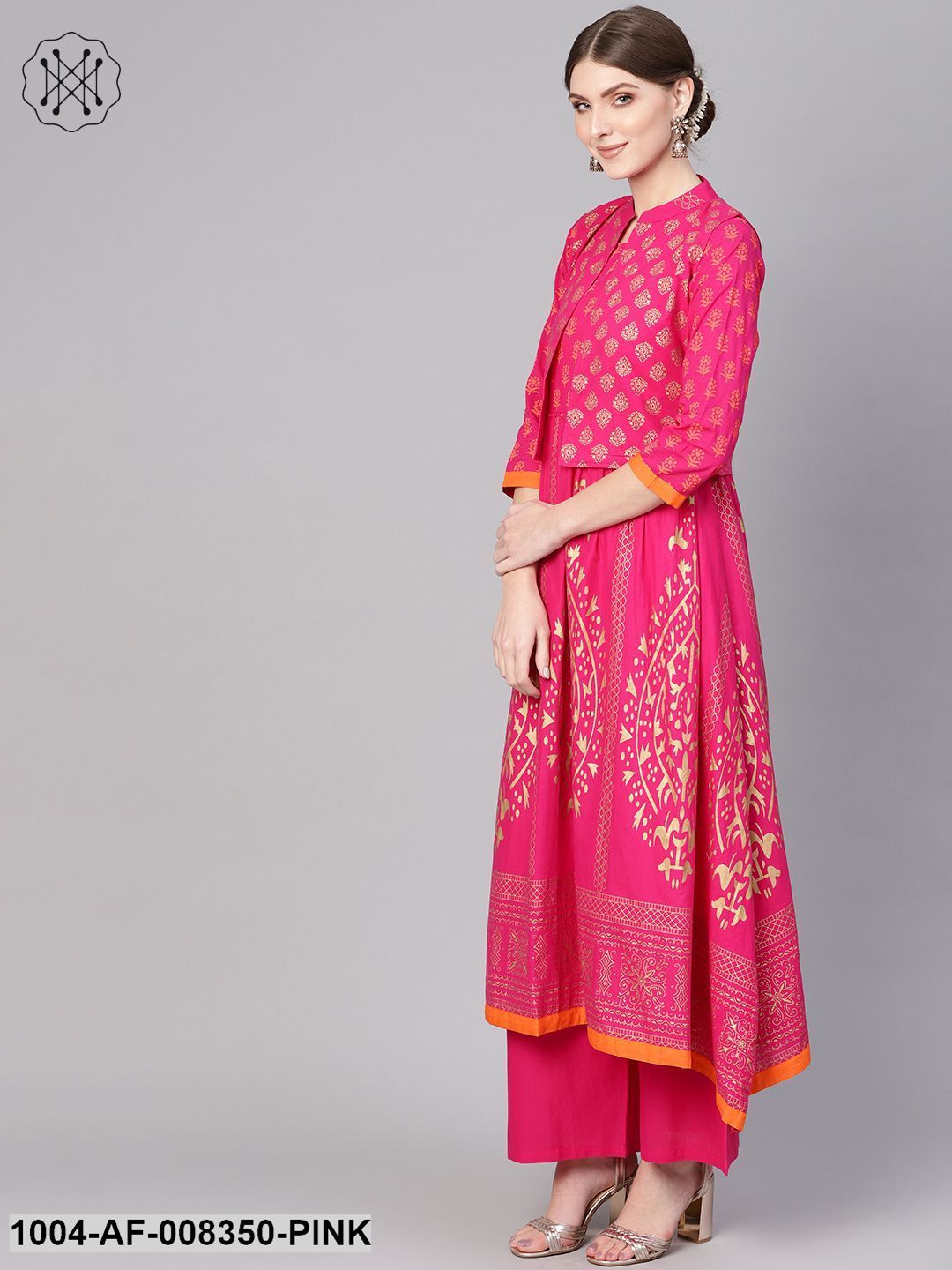 Rani Pink With Gold Khari Block PrintedFloral Motifs A-Line Kurta With Palazzo And With Gold Khari Printed Jacket - Image 4