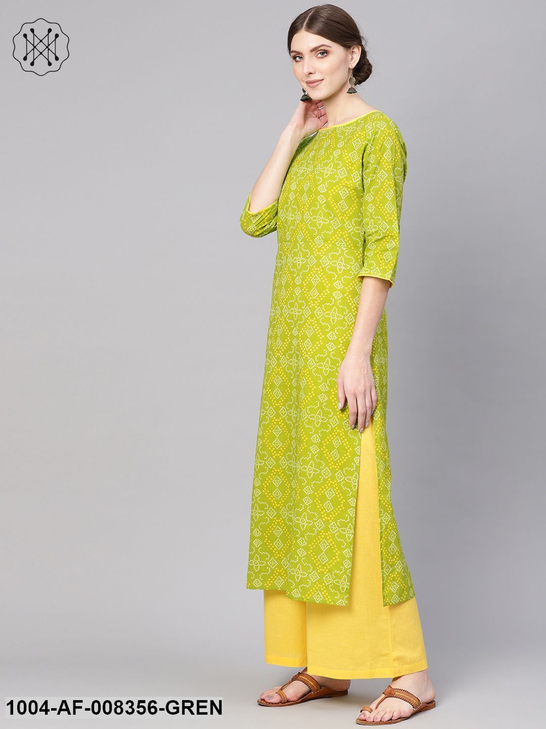 Green And Yellow Bandhej Printed Boat Neck 3/4Th Sleeves Straight Kurta With Yellow Palazzo - Image 3
