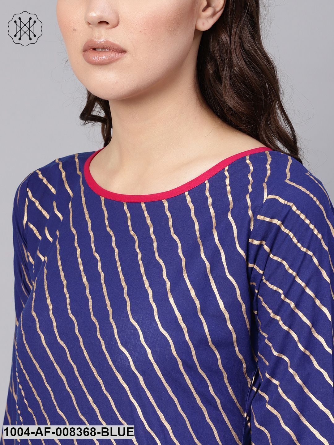 Blue Gold Lehriya Printed Cotton Straight Kurta Set With Pant - Image 4