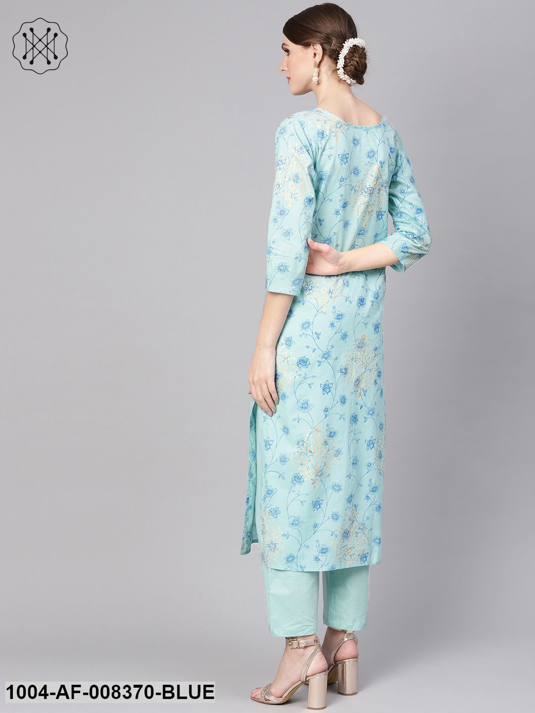 Pastel Blue 3/4Th Sleeve Cotton Straight Kurta With Printed Pant - Image 2