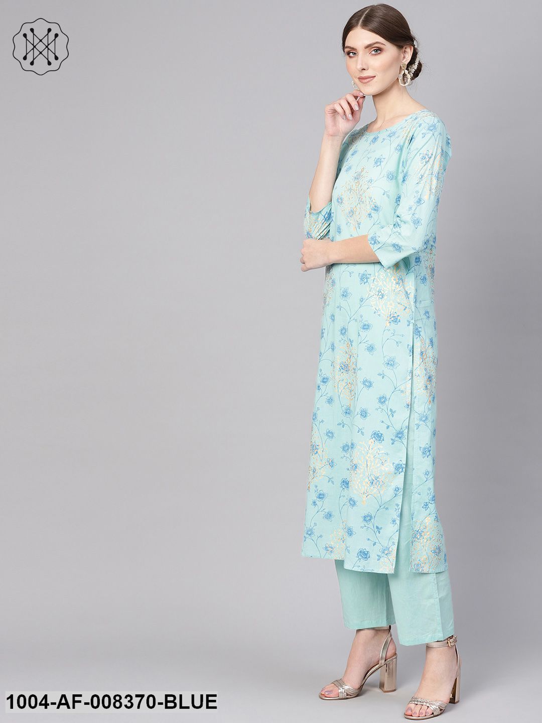 Pastel Blue 3/4Th Sleeve Cotton Straight Kurta With Printed Pant - Image 3