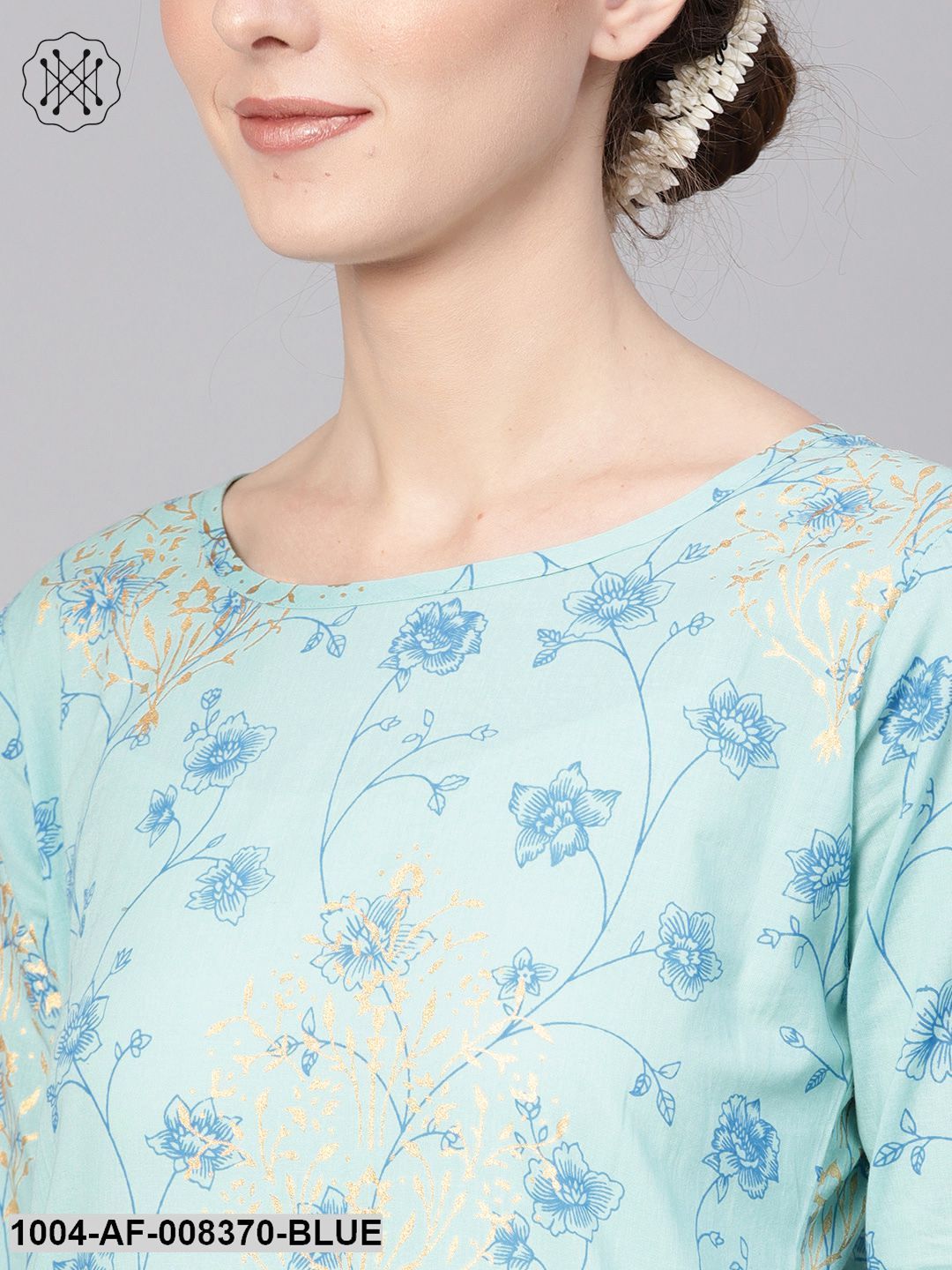 Pastel Blue 3/4Th Sleeve Cotton Straight Kurta With Printed Pant - Image 4