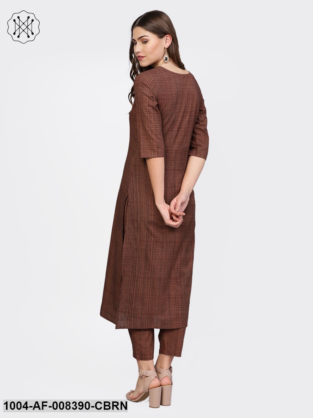 Coffee Brown Printed Half Sleeve Cotton Straight Kurta With Trouser - Image 3
