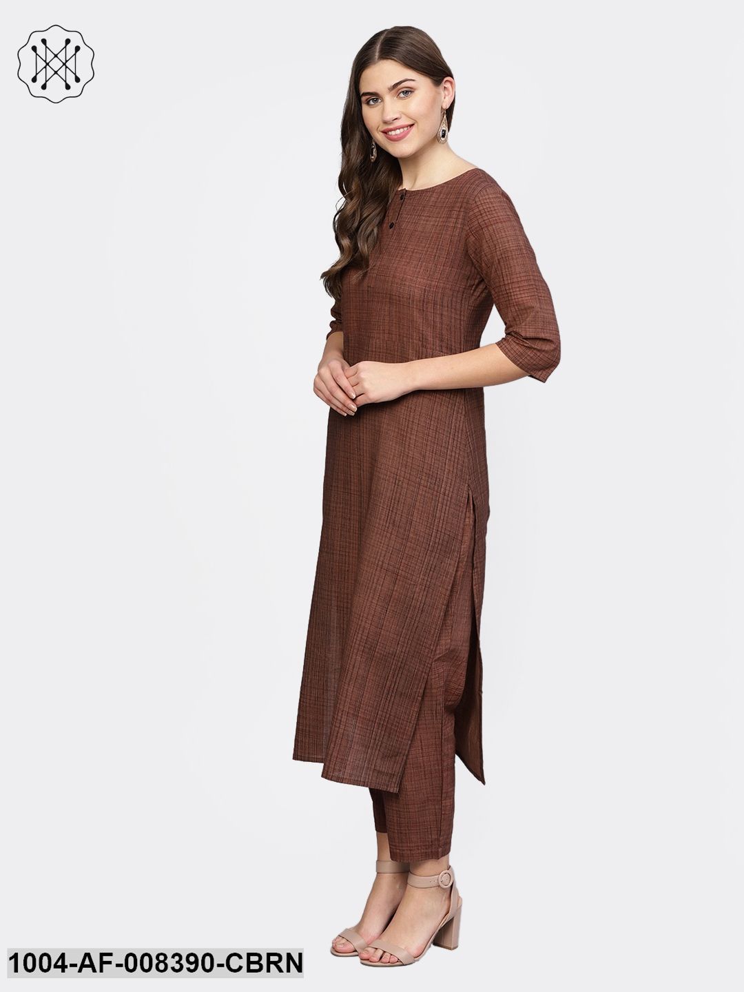 Coffee Brown Printed Half Sleeve Cotton Straight Kurta With Trouser - Image 4