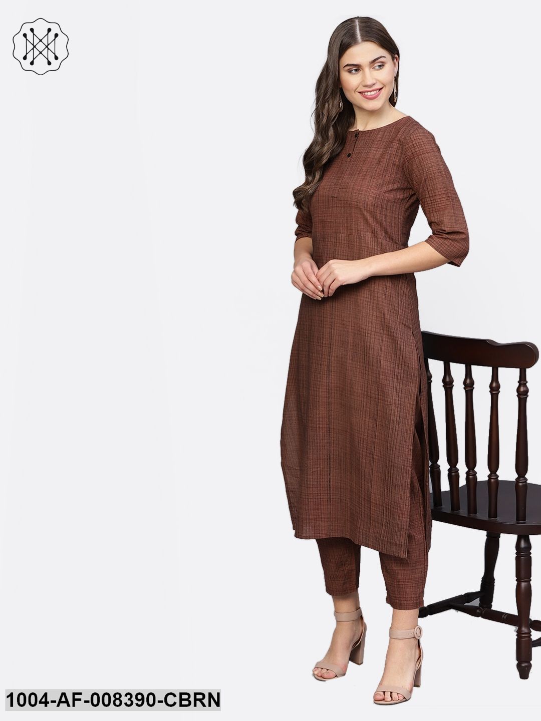 Coffee Brown Printed Half Sleeve Cotton Straight Kurta With Trouser - Image 2