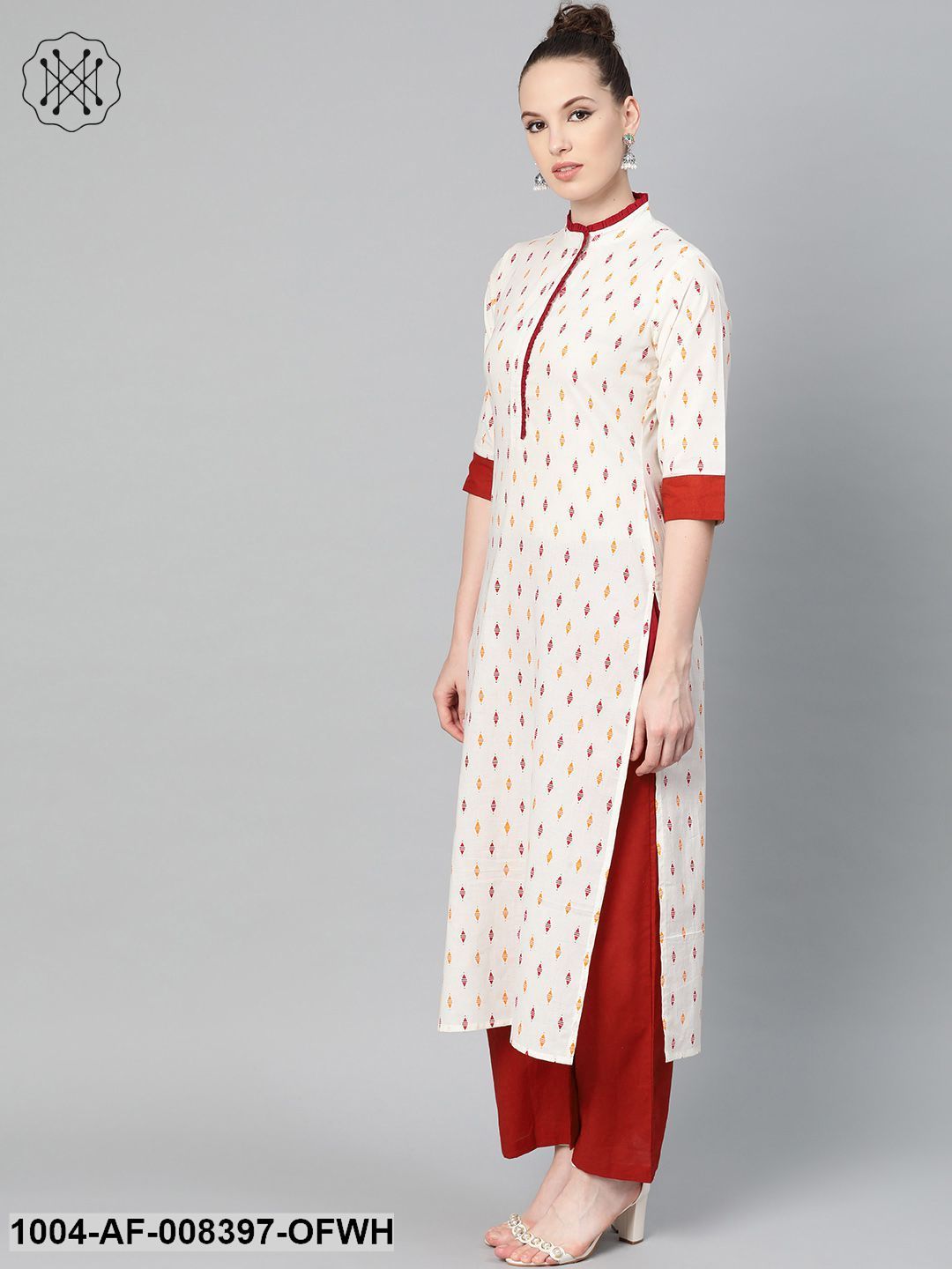 Off White With Multi Colored Geometric Print Kurta With Detailed Collar And Placket With Solid Maroon Pallazo - Image 2