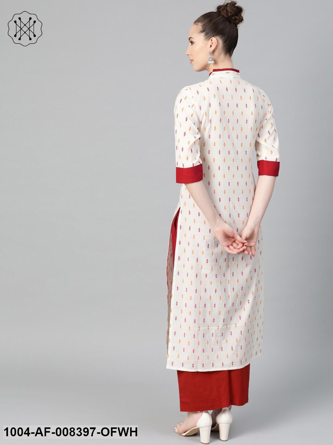 Off White With Multi Colored Geometric Print Kurta With Detailed Collar And Placket With Solid Maroon Pallazo - Image 3