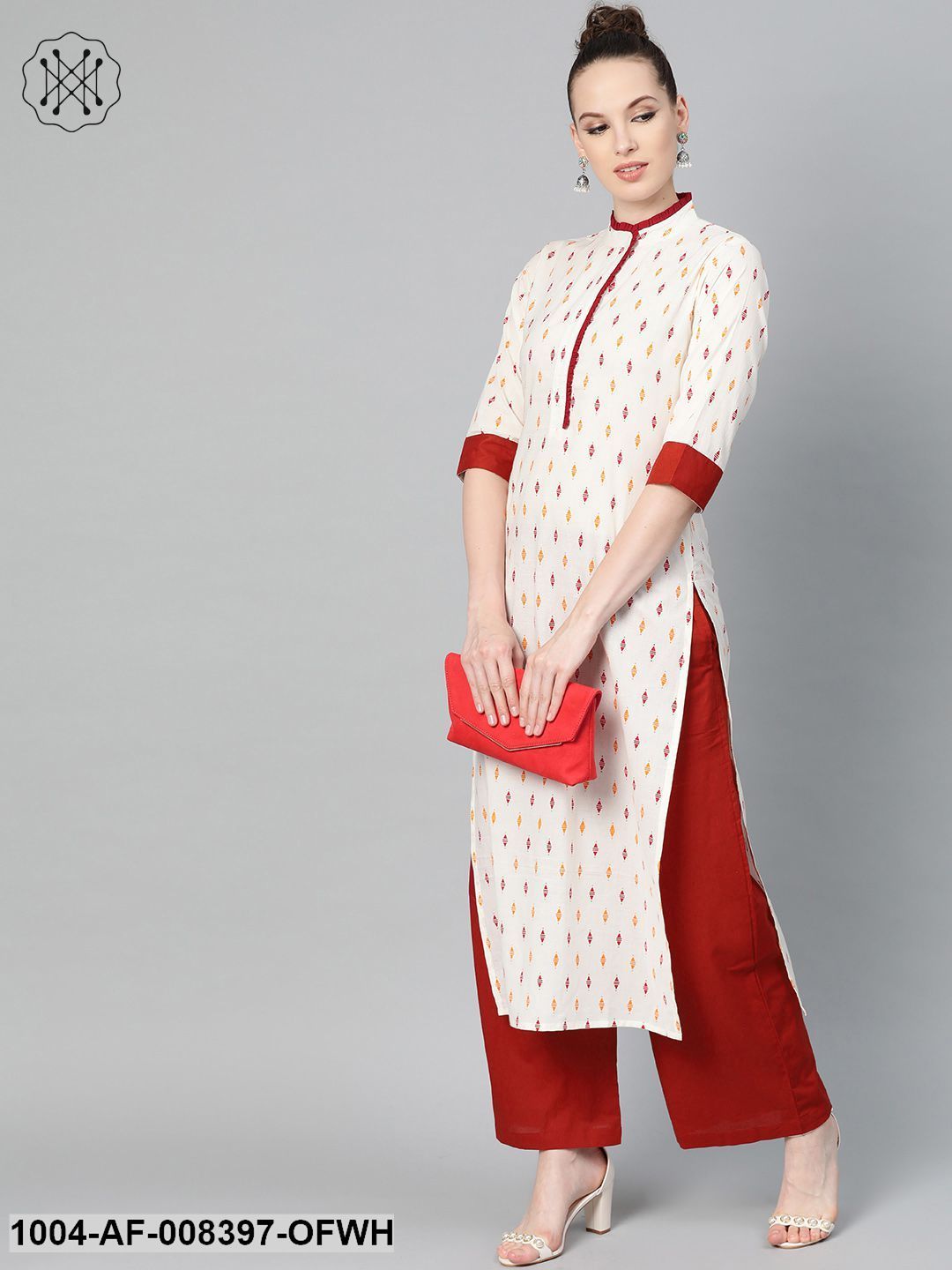 Off White With Multi Colored Geometric Print Kurta With Detailed Collar And Placket With Solid Maroon Pallazo - Image 4