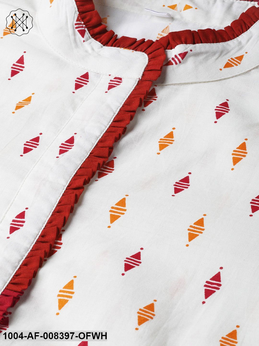 Off White With Multi Colored Geometric Print Kurta With Detailed Collar And Placket With Solid Maroon Pallazo - Image 5