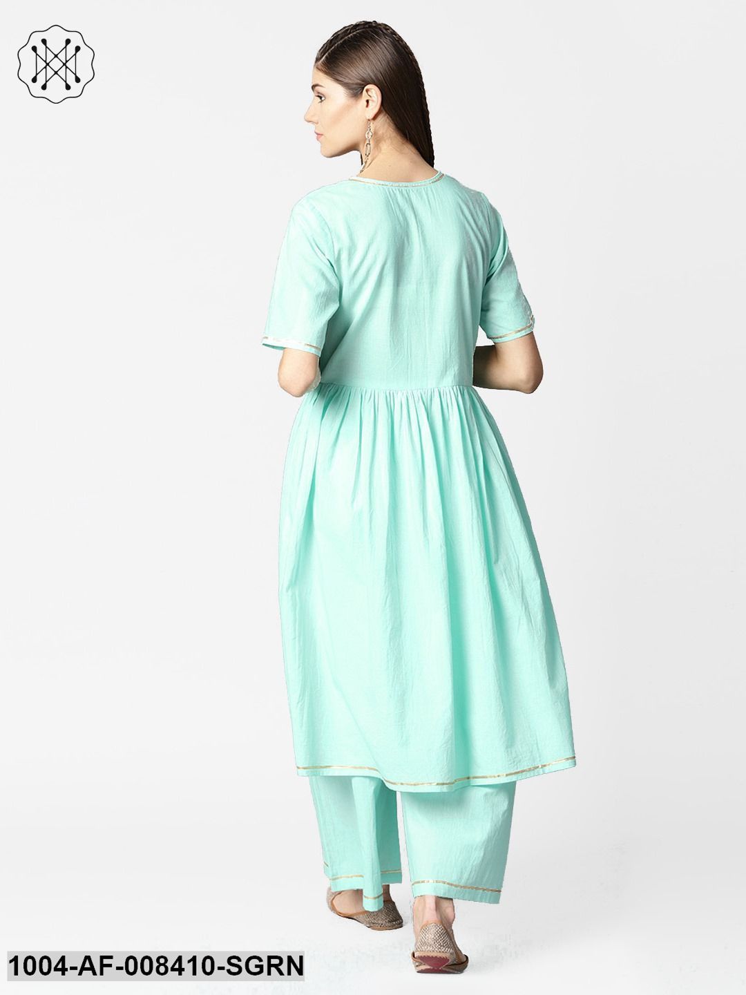 Sea Green Half Sleeve Cotton Anarkali Kurta With Ankle Length Pallazo - Image 2