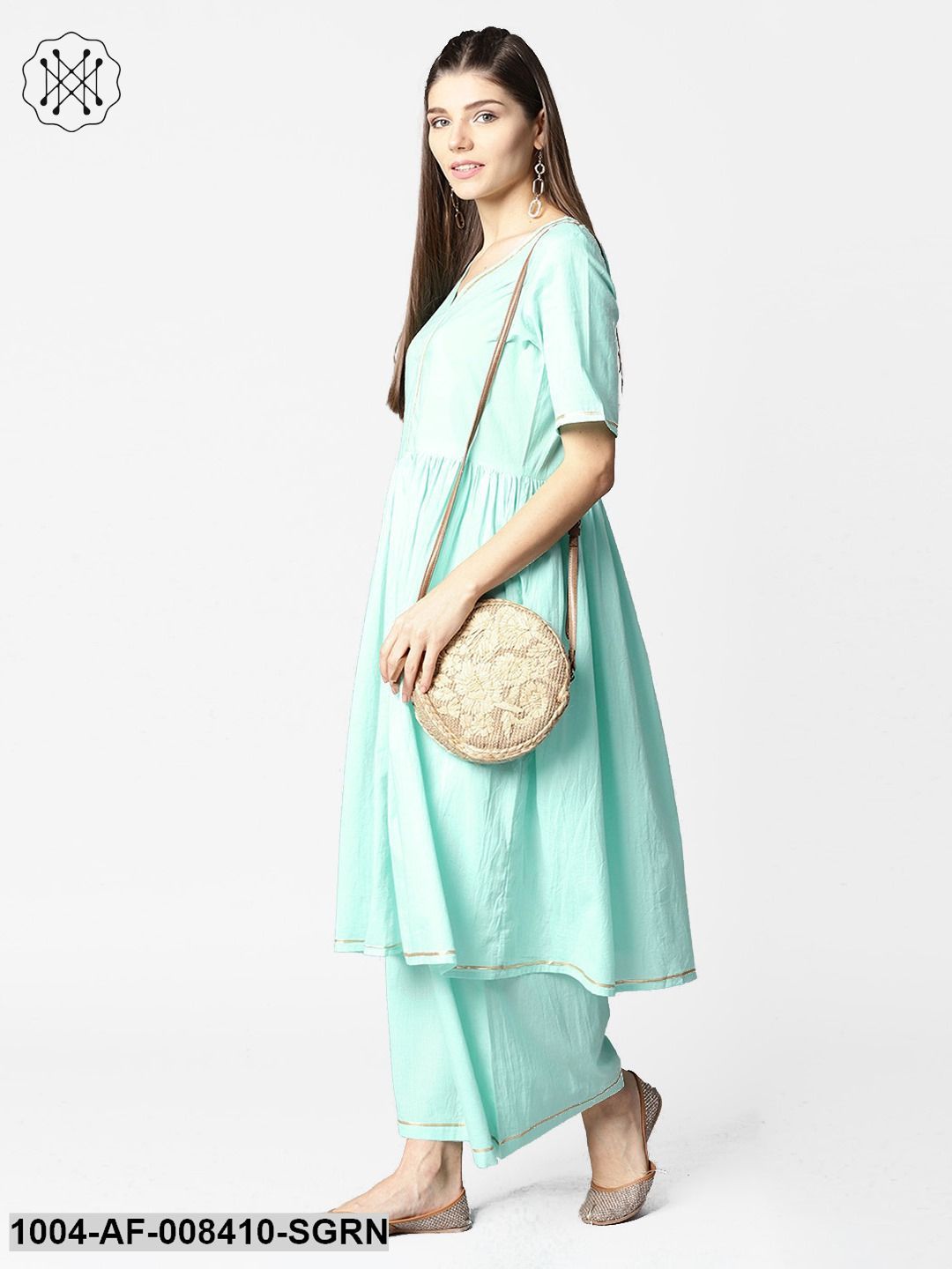 Sea Green Half Sleeve Cotton Anarkali Kurta With Ankle Length Pallazo - Image 3