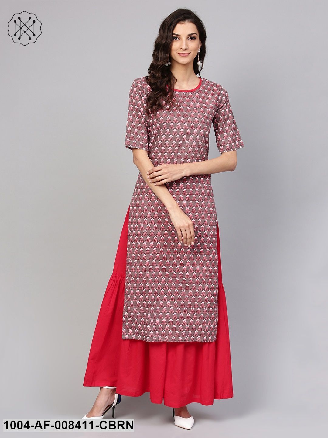 Brown Printed Half Sleeve Cotton Kurta With Maroon Solid Palazzo - Image 2
