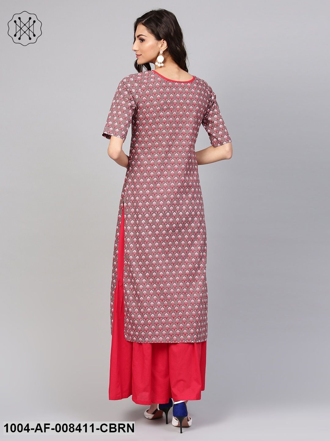 Brown Printed Half Sleeve Cotton Kurta With Maroon Solid Palazzo - Image 3
