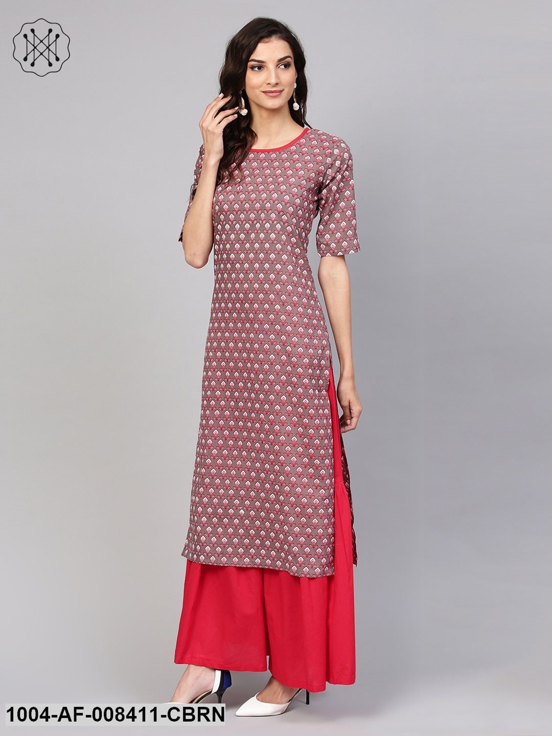 Brown Printed Half Sleeve Cotton Kurta With Maroon Solid Palazzo - Image 4