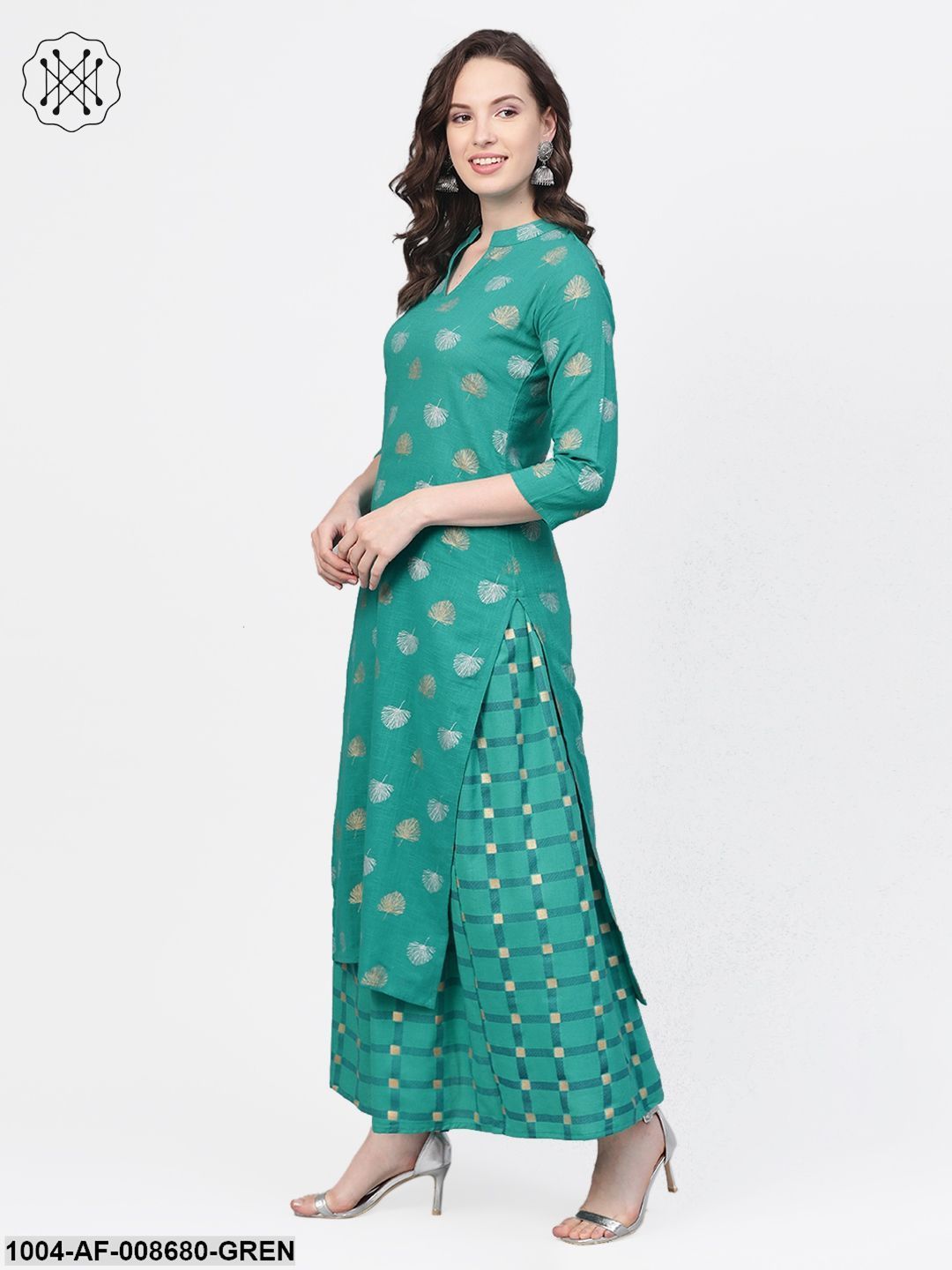 Rama Green Gold Printed Kurta set with Skirt - Image 2