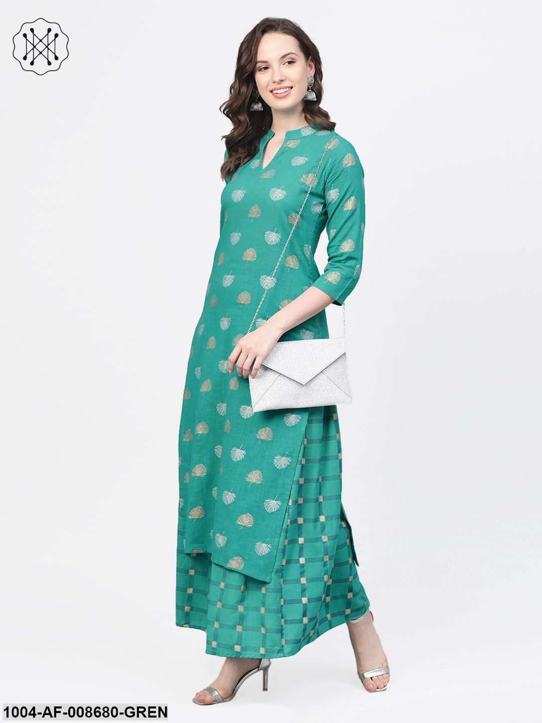 Rama Green Gold Printed Kurta set with Skirt - Image 3